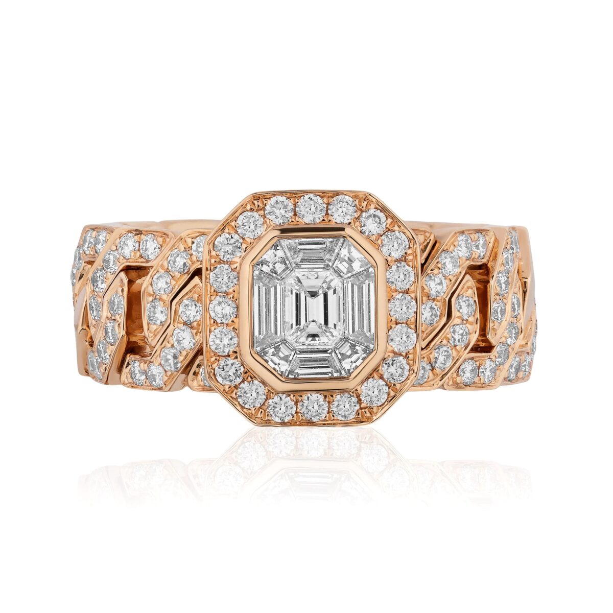 Diamond Cocktail Ring with Rose Gold Pavé Chain Link Band - Image 2