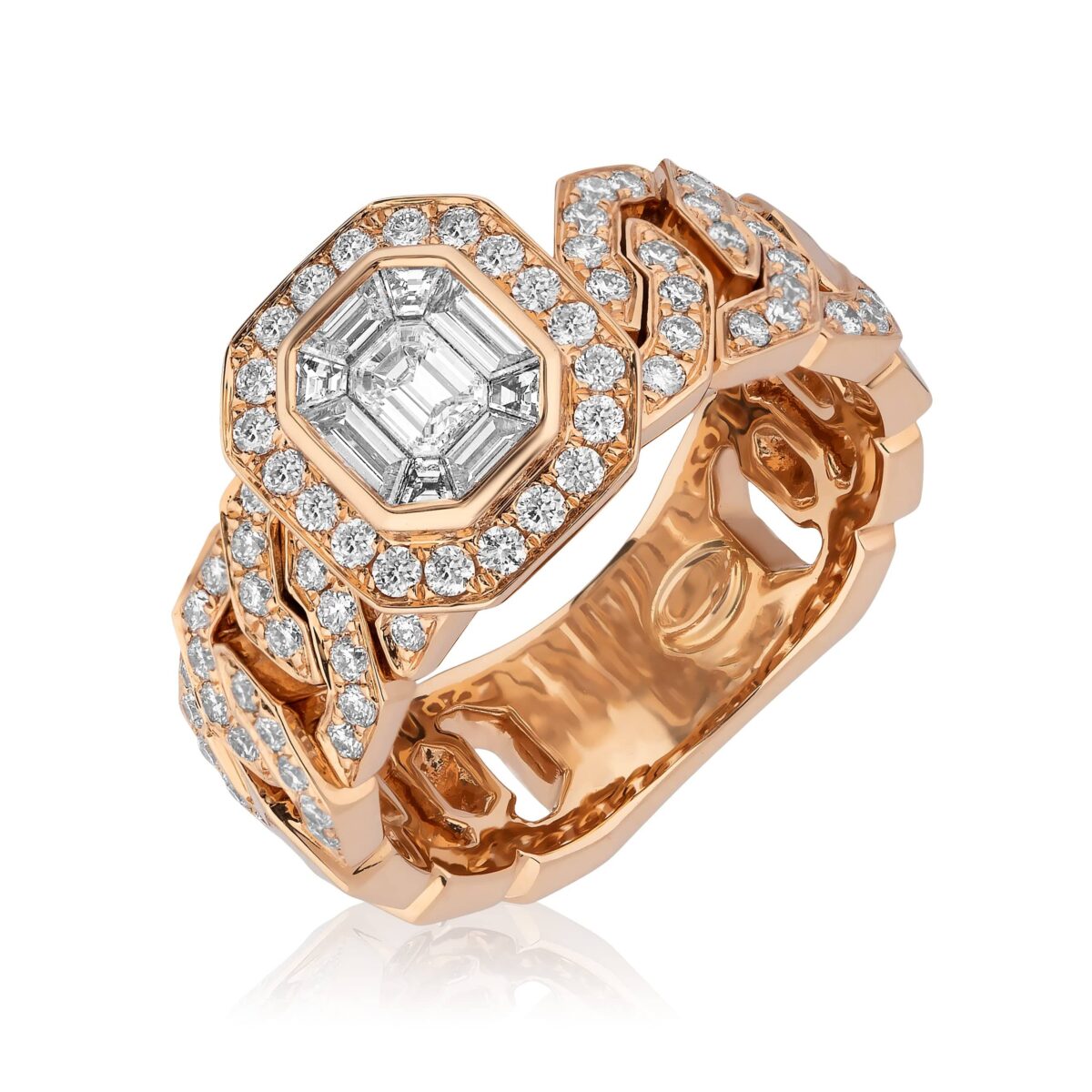 Diamond Cocktail Ring with Rose Gold Pavé Chain Link Band