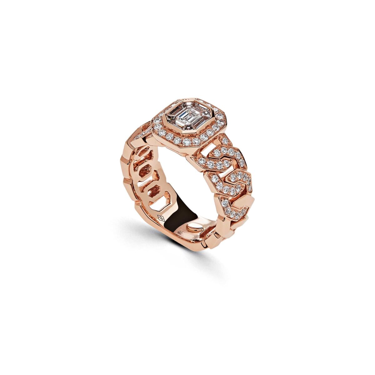 Diamond Cocktail Ring with Rose Gold Pavé Chain Link Band - Image 3