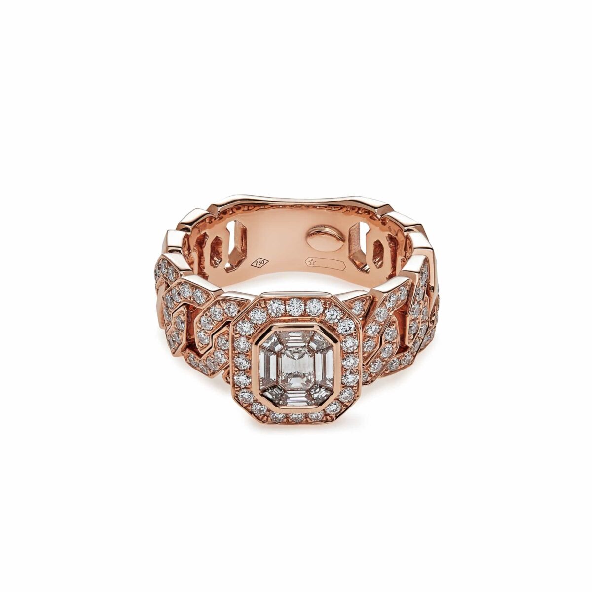 Diamond Cocktail Ring with Rose Gold Pavé Chain Link Band - Image 4