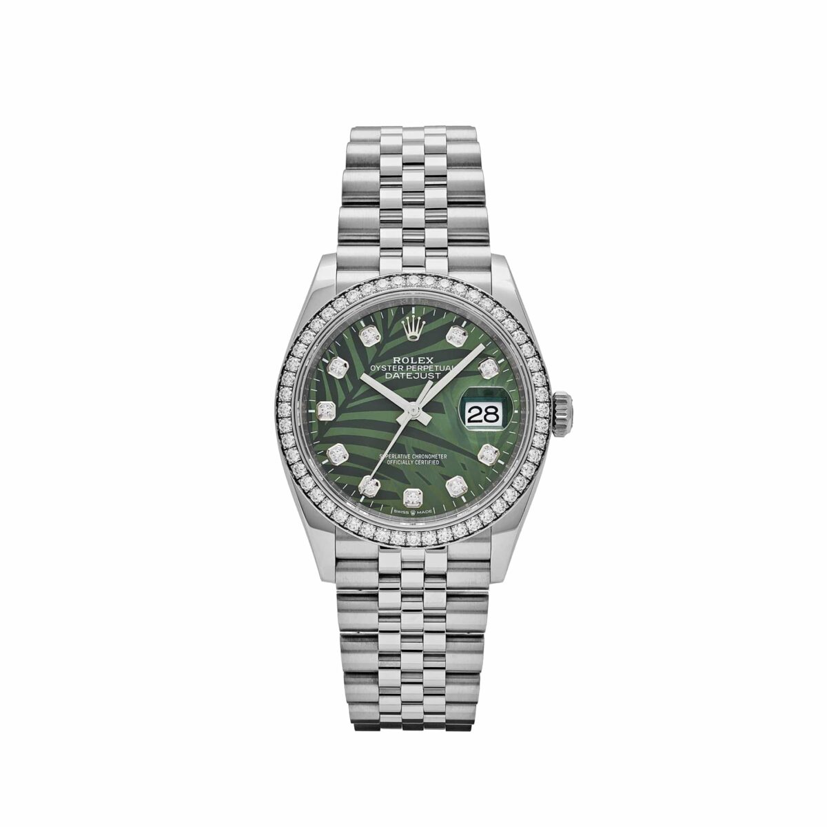 Rolex Datejust 126284RBR Stainless Steel Green Palm Frond Diamond Dial Diamond Bezel