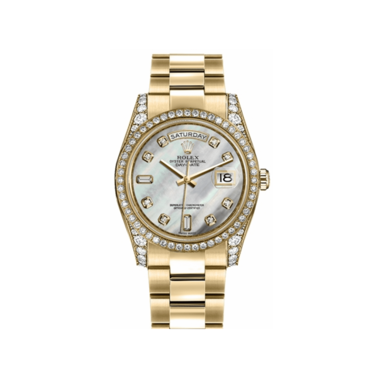 Rolex Day-Date 118388 Yellow Gold White Mother of Pearl Dial Diamond Bezel (2008)