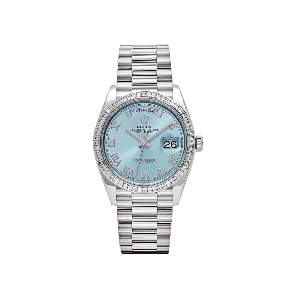 Rolex Day-Date 128396TBR Platinum Ice Blue Dial Diamond Bezel (2024)