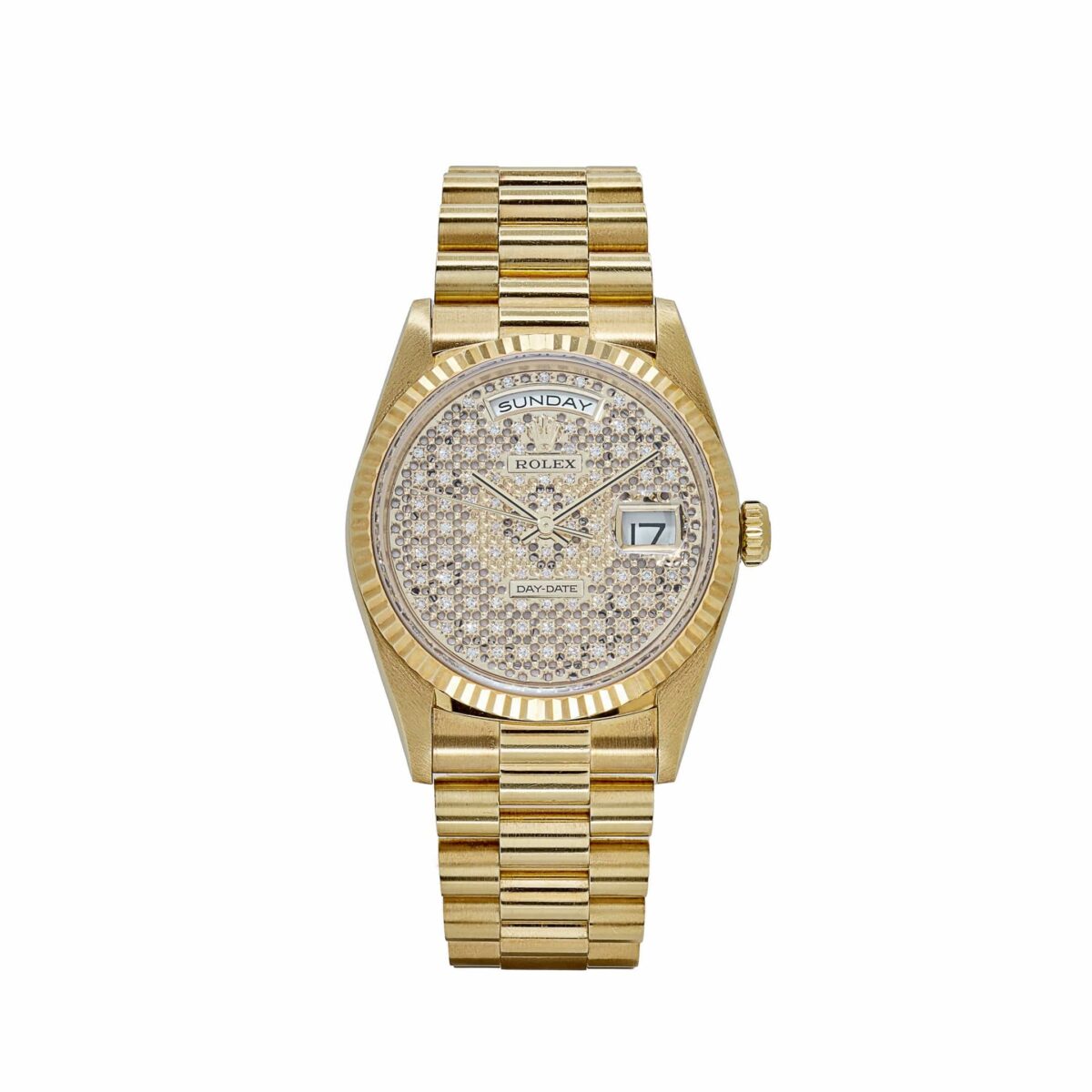 Rolex Day-Date 18238 Yellow Gold Skeleton Pavè Diamond Dial