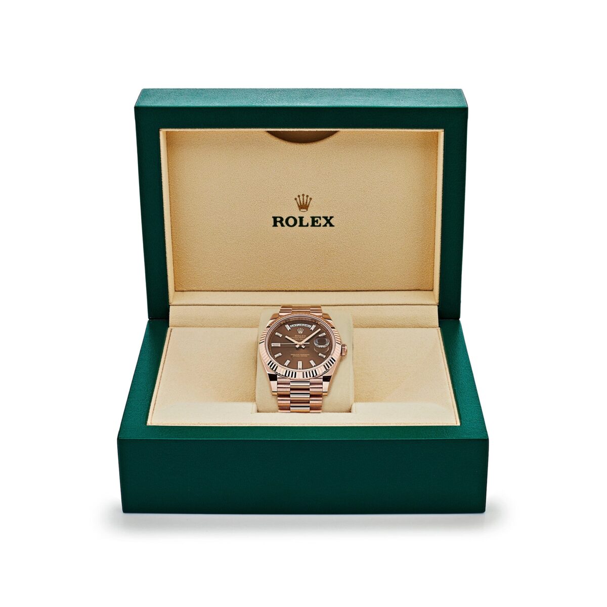 Rolex Day-Date 228235 Rose Gold Chocolate Baguette Diamond Dial (2023) - Image 7