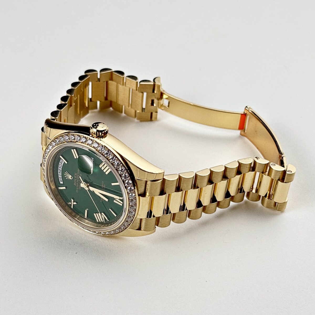 Rolex Day-Date 228348RBR Yellow Gold Green Roman Numeral Dial Diamond Bezel (2024) - Image 3