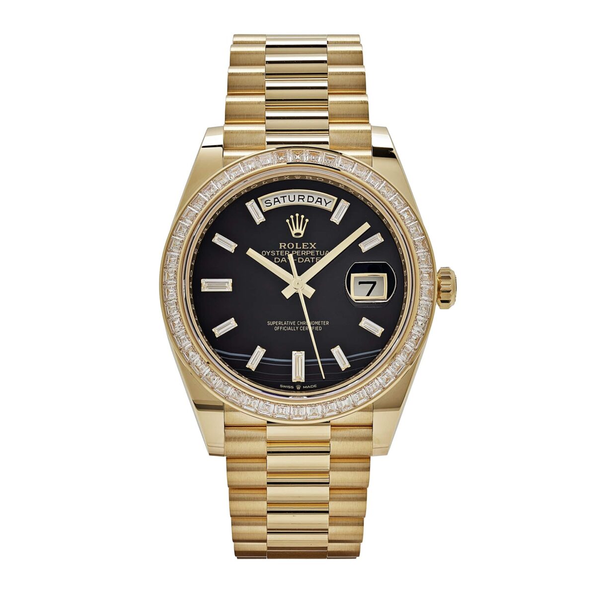 Rolex Day-Date 228398TBR Yellow Gold Onyx Baguette Diamond Dial Baguette Bezel (2023)