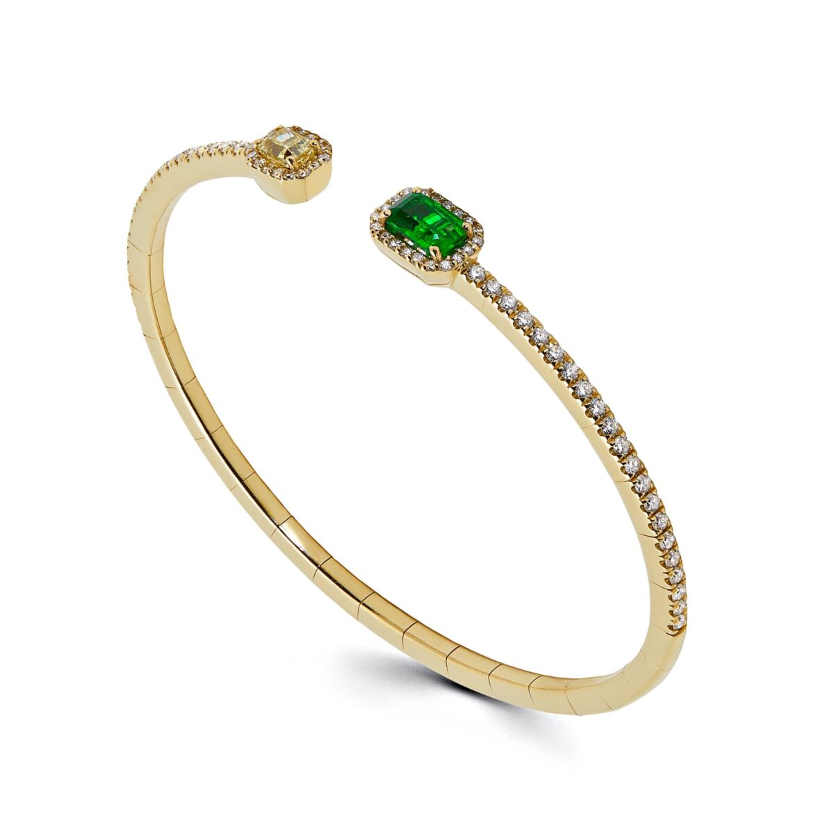 Yellow Diamond and Emerald Flexible Open Bangle - Image 3