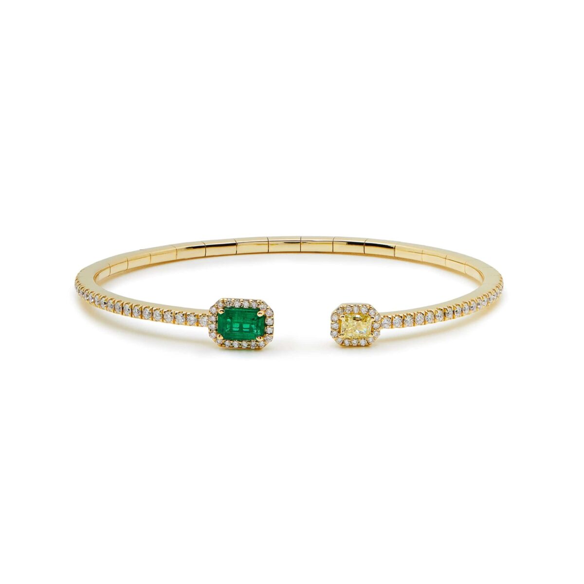 Yellow Diamond and Emerald Flexible Open Bangle